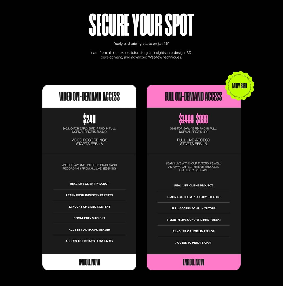 Pricing Table section on Flow Party On Demand section design