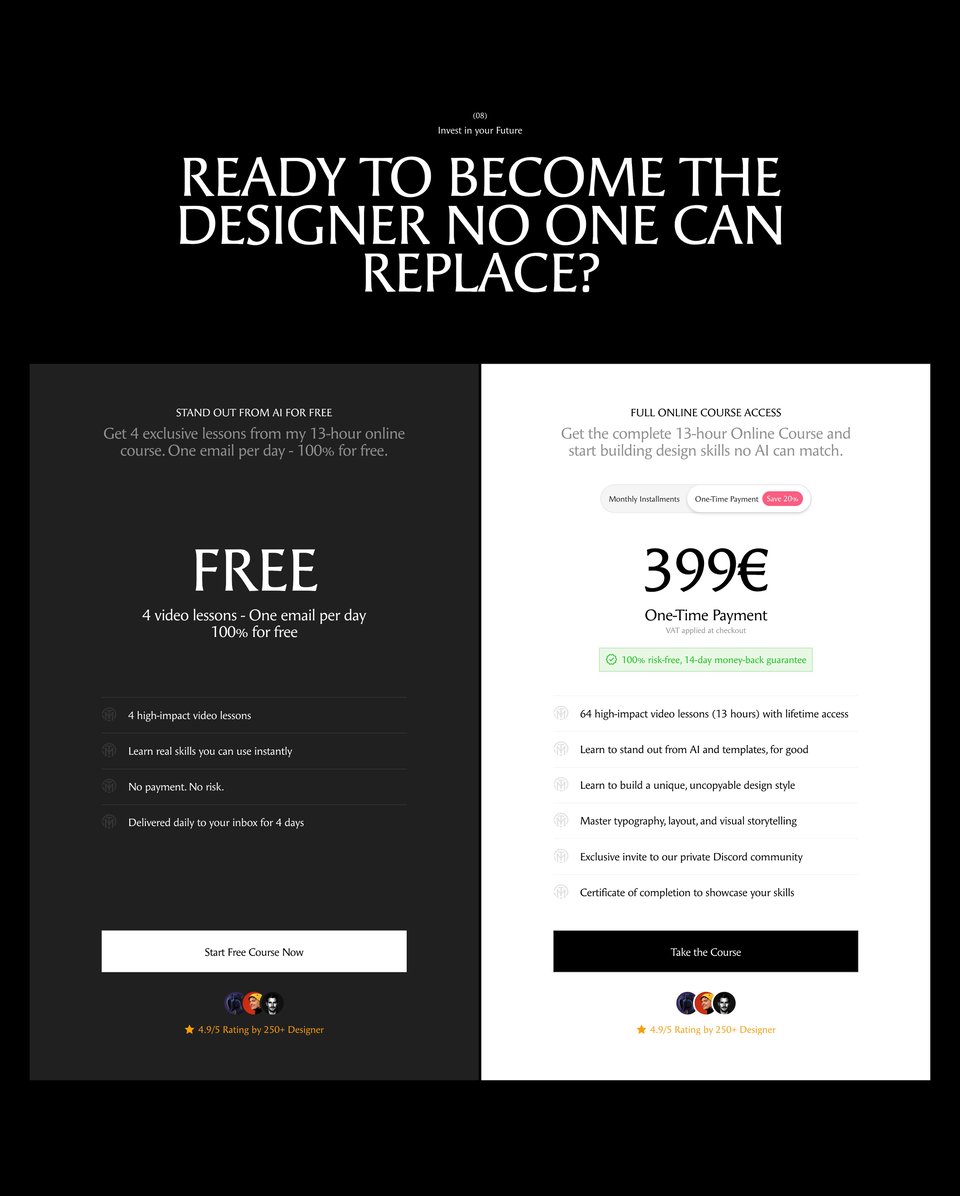 Pricing Table section on Typography & Layout Course section design