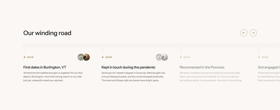Timeline section on Sarah & Matt Wedding section design