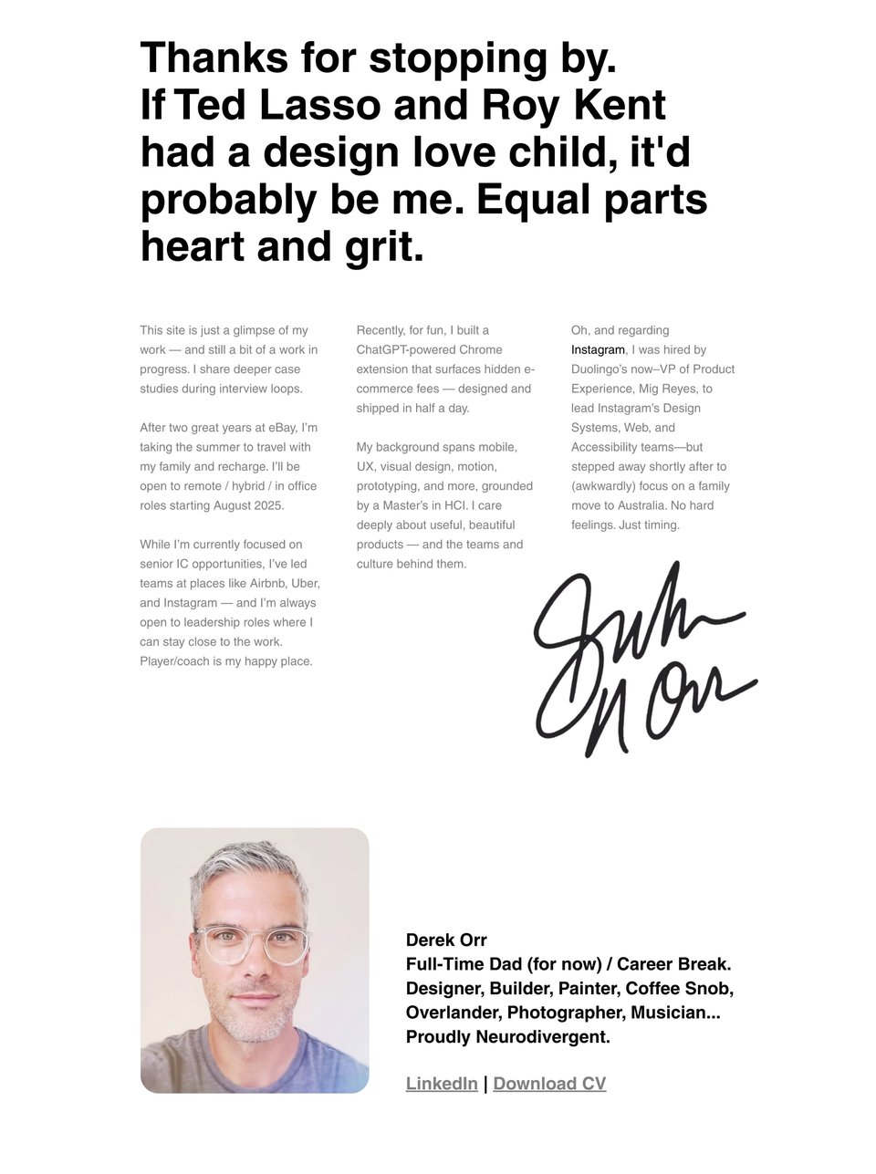 Biography section on Derek Orr section design