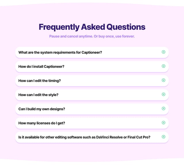 Captioneer FAQ Accordion Preview