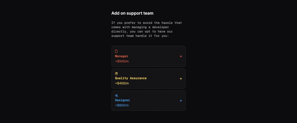 Pricing Table section on Dev Different section design