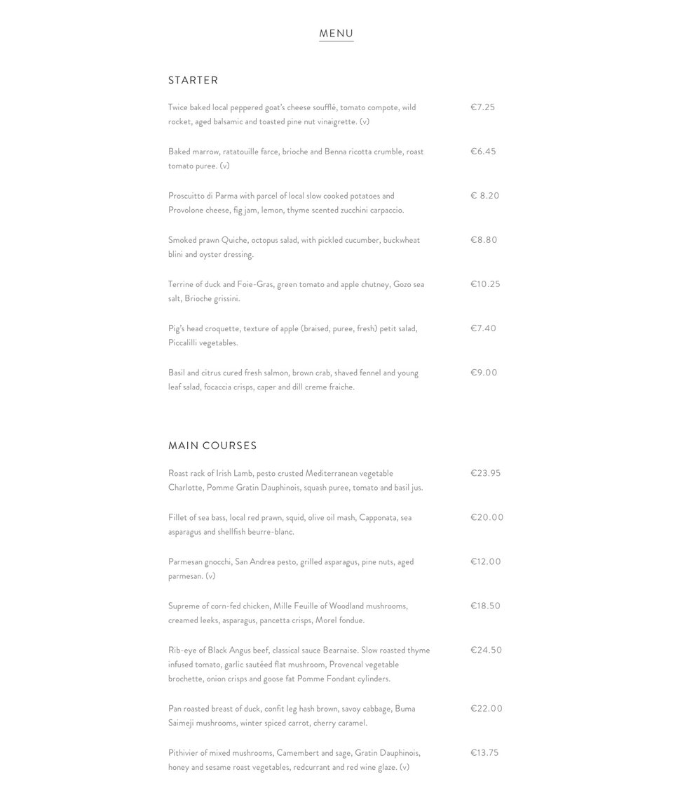 Food & Drinks Menu section on San Andrea section design