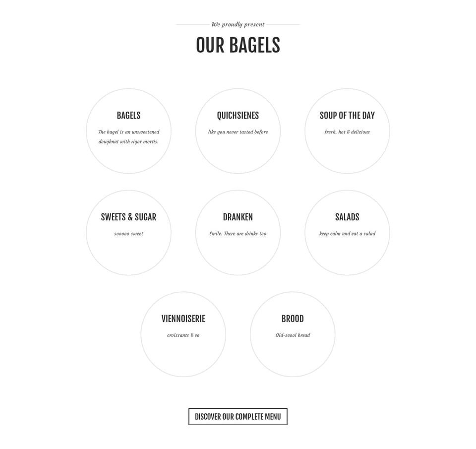 Food & Drinks Menu section on Sanseveria Bagelsalon section design