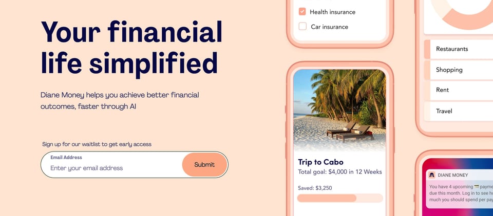 Waitlist or Beta Sign Up section on Diane Money section design