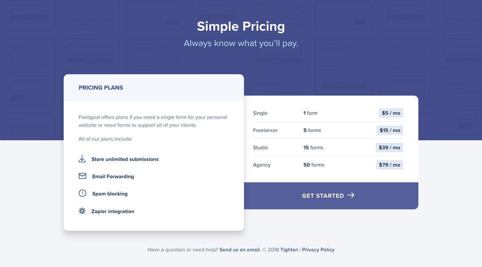 Pricing Table section on FieldGoal section design