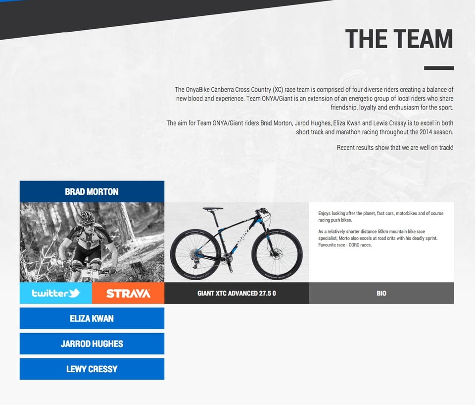 Team section on Team Onya Giant section design