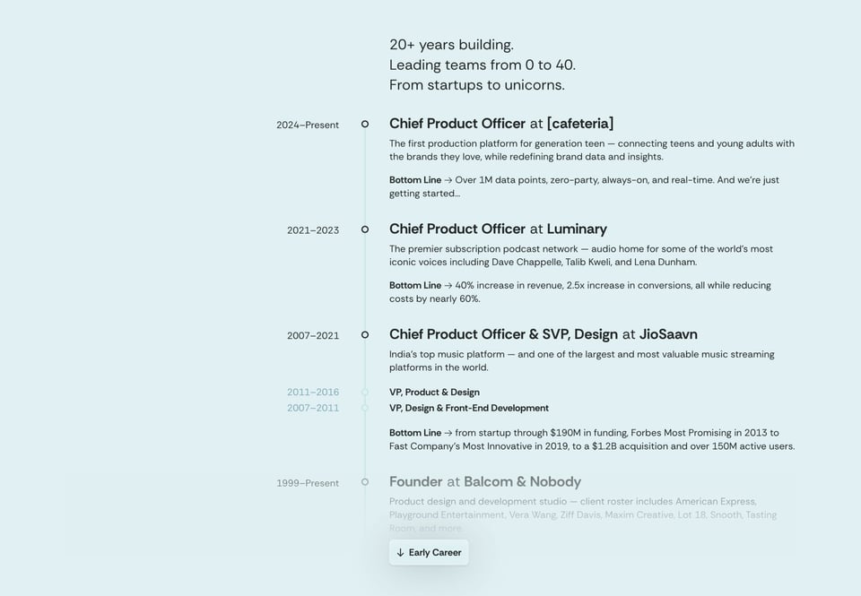 Timeline section on Clint Balcom section design