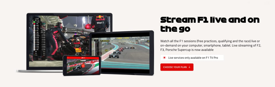 Device Mockup section on Stream Formula 1 | One Page Love