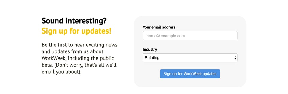 Waitlist or Beta Sign Up section on WorkWeek section design