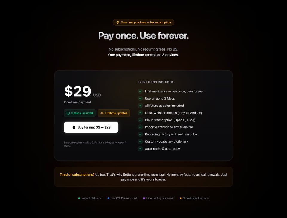 Pricing Table section on Sotto section design