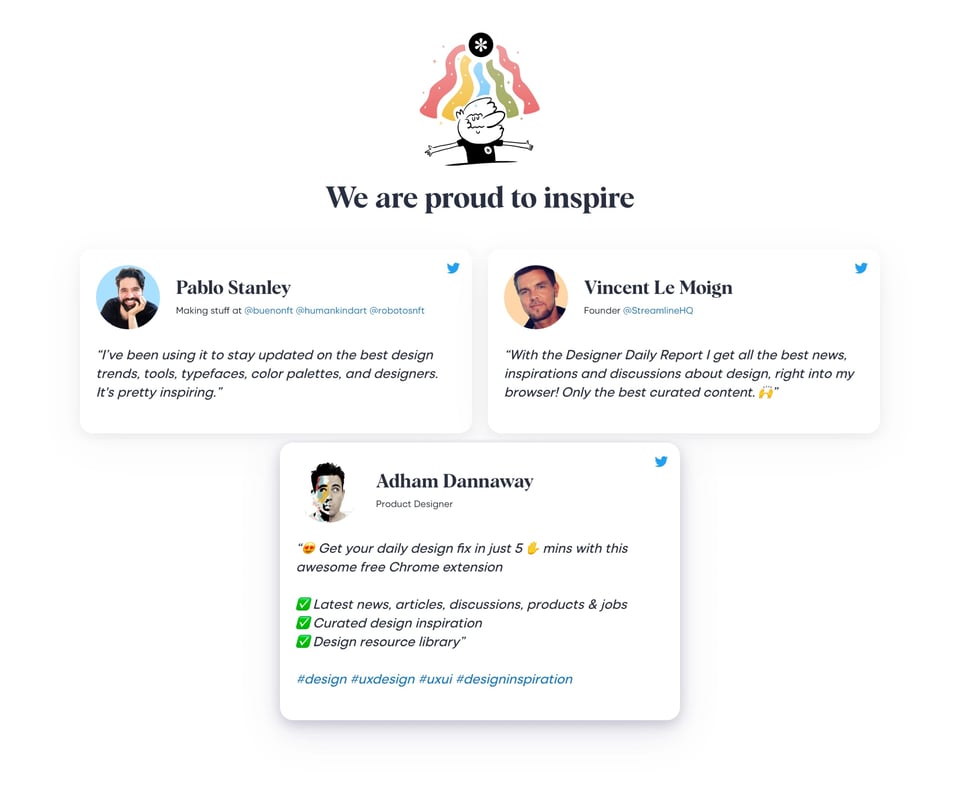 Testimonial Tweets section on Designer Daily Report section design
