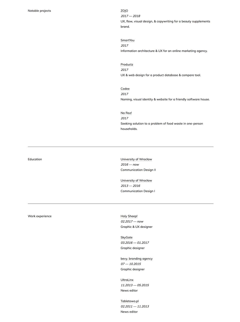 Timeline section on Jarosław Morawski section design