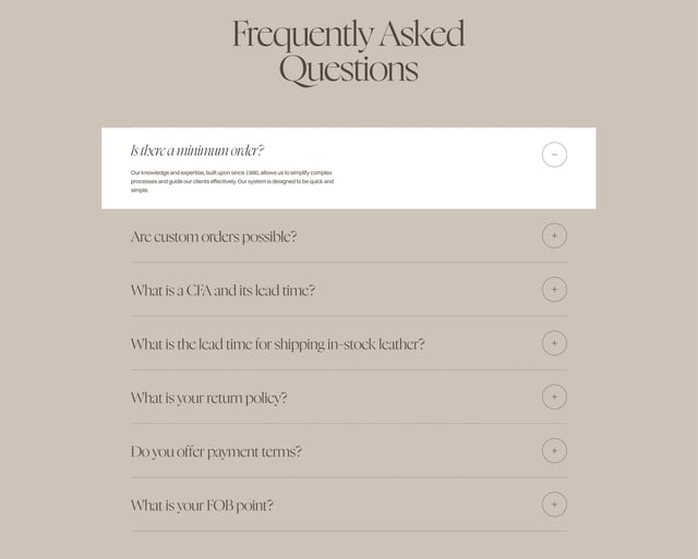 GlobalLeathers FAQ Accordion Preview