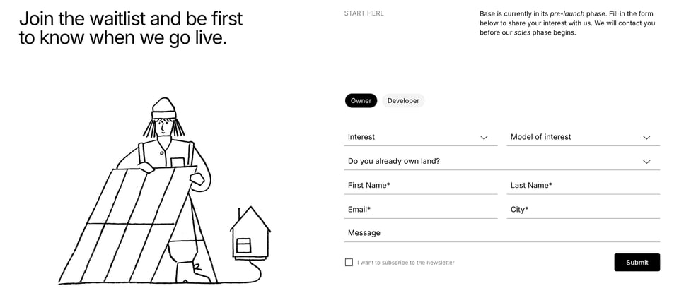 Waitlist or Beta Sign Up section on Base Habitation section design