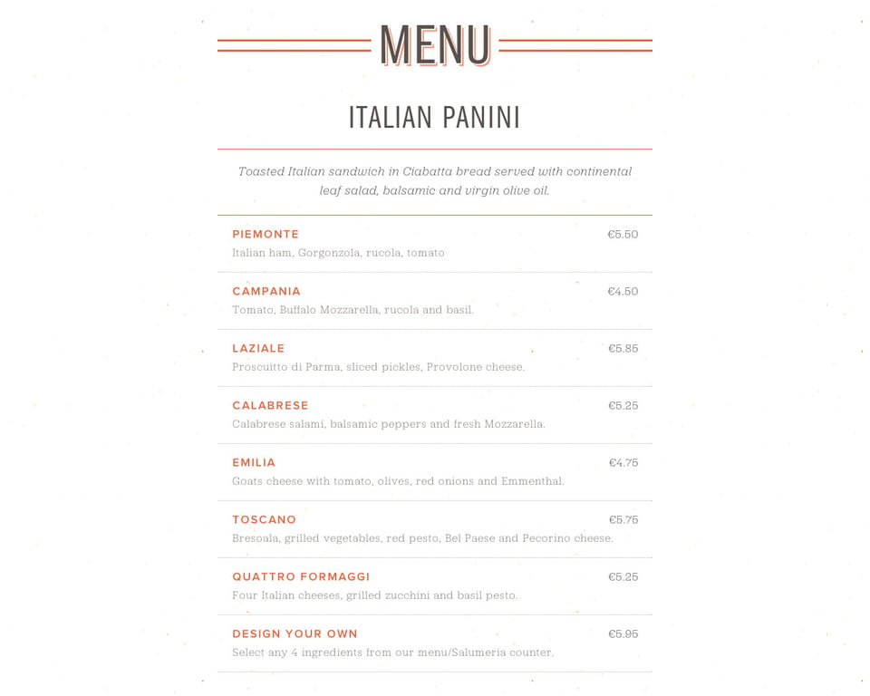 Food & Drinks Menu section on Castelletti section design