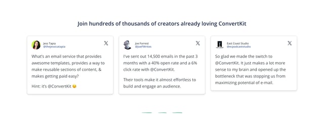 Convert Kit – Newsletter Plan Testimonial Tweets Preview