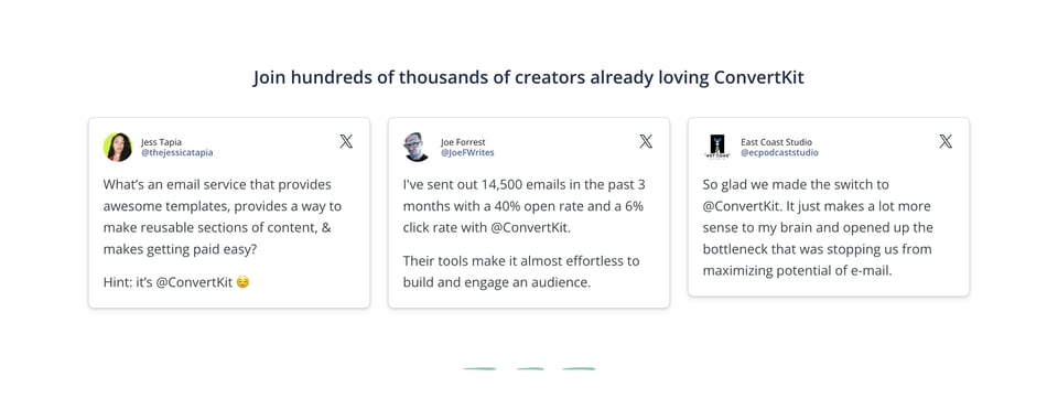 Testimonial Tweets section on Convert Kit – Newsletter Plan section design