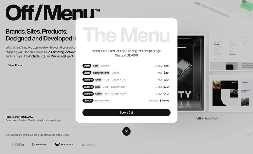 Pricing Table section on Off/Menu section design