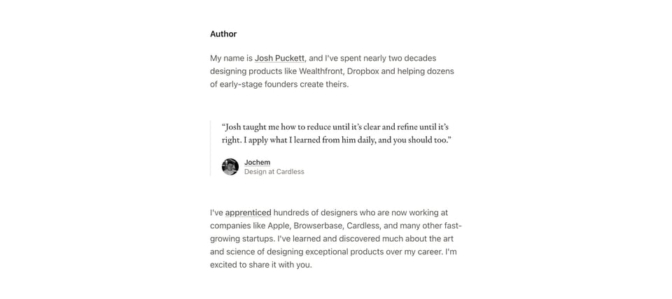 Biography section on Interface Craft section design