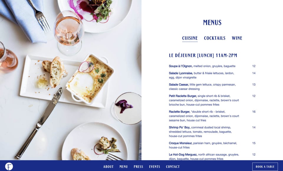 Food & Drinks Menu section on Felix section design