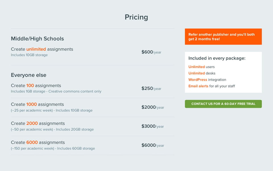 Pricing Table section on Camayak section design