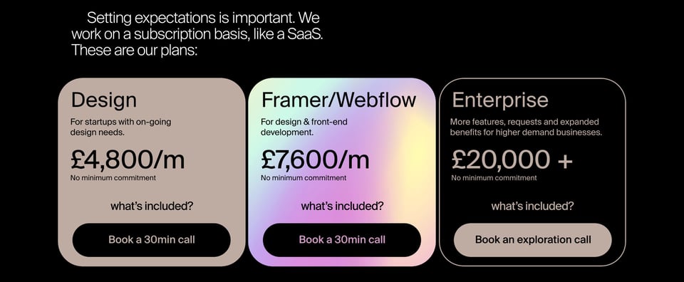 Pricing Table section on Reverse Chaos section design