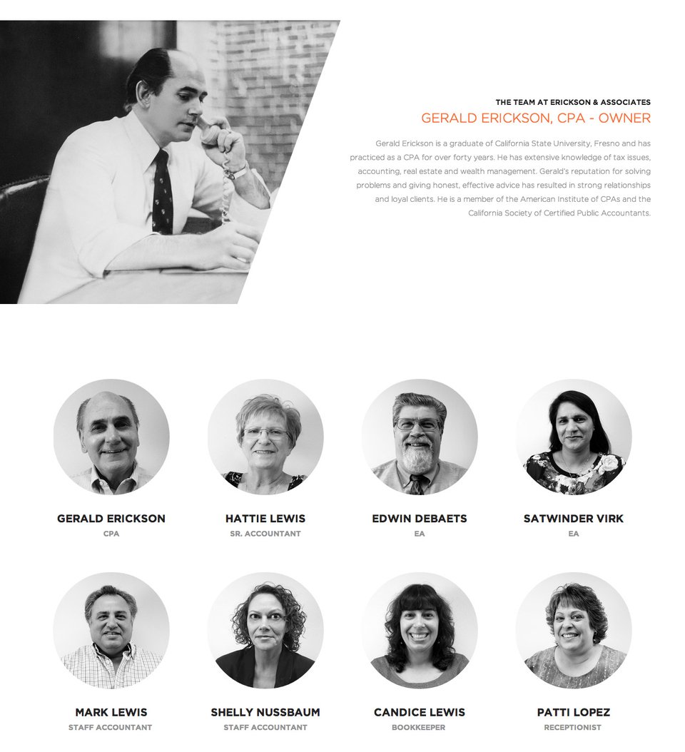 Team section on Erickson & Associates section design