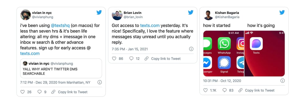 Testimonial Tweets section on Texts section design