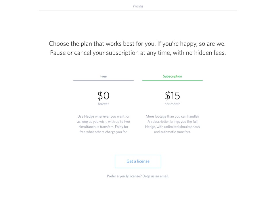 Pricing Table section on Hedge for Mac section design