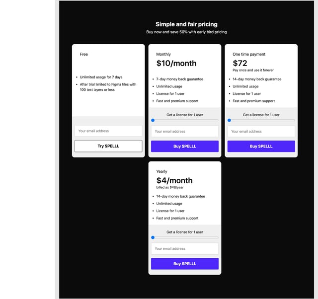 SPELLL Pricing Table Preview