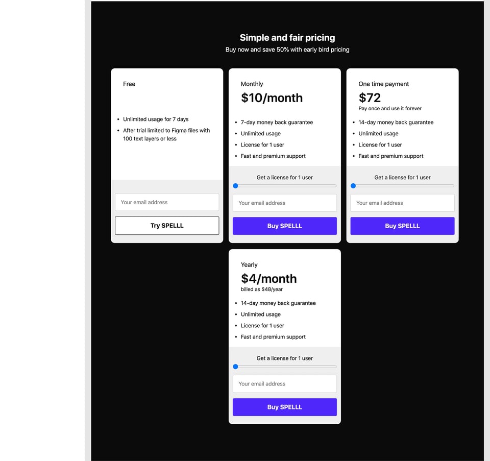 Pricing Table section on SPELLL section design
