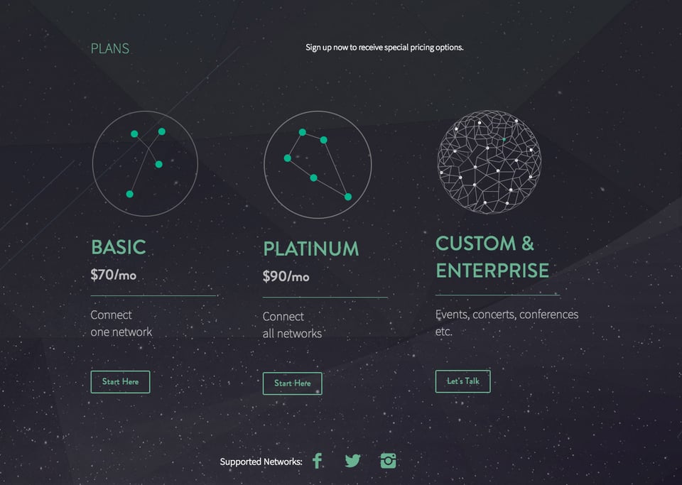 Pricing Table section on Voyager section design