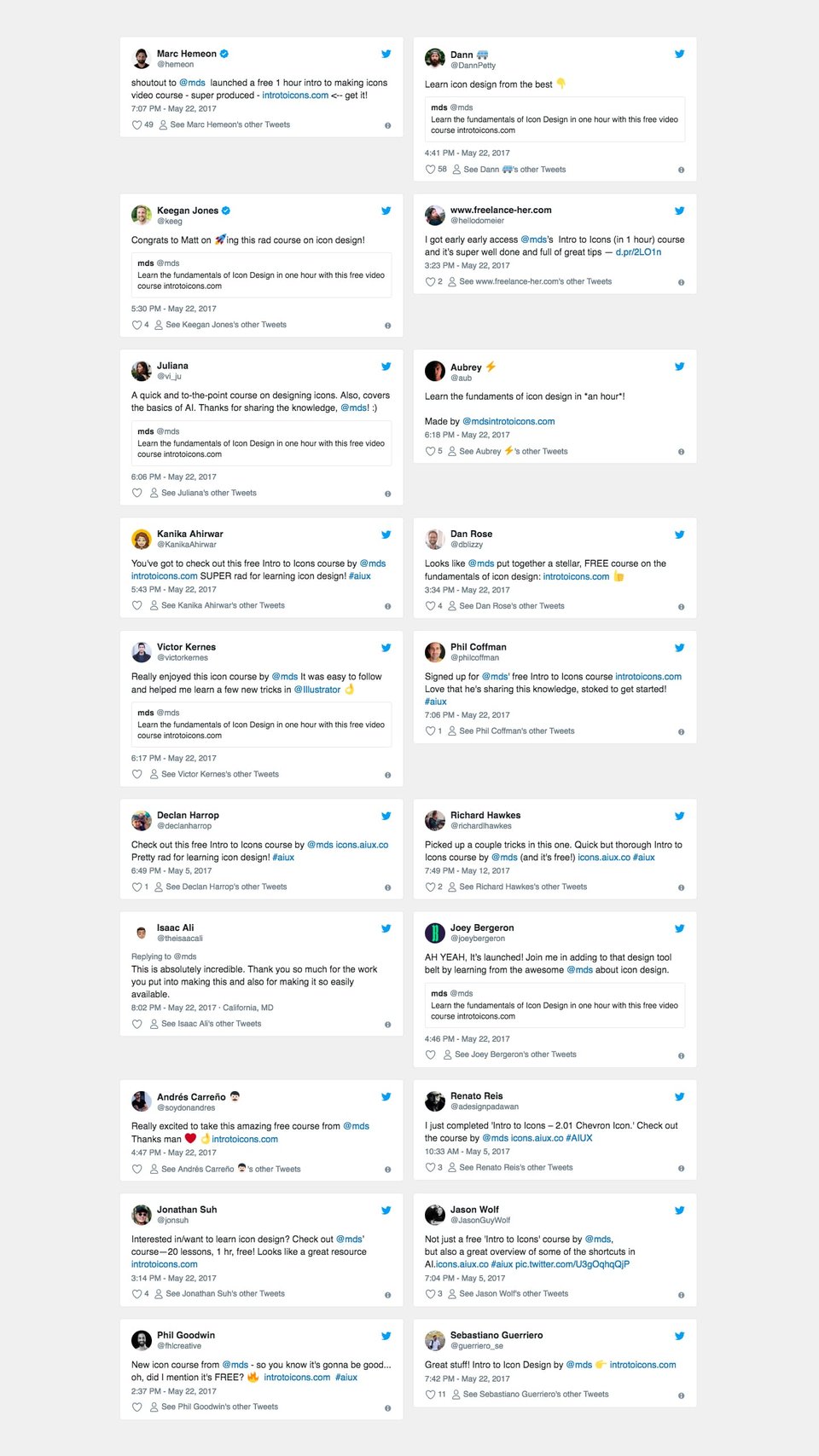Testimonial Tweets section on Intro to Icons by MDS section design