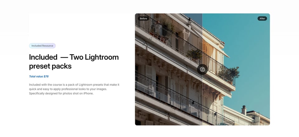 Before After section on iPhone Creator Course section design