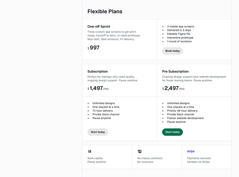 Pricing Table section on Speed Dial Design section design