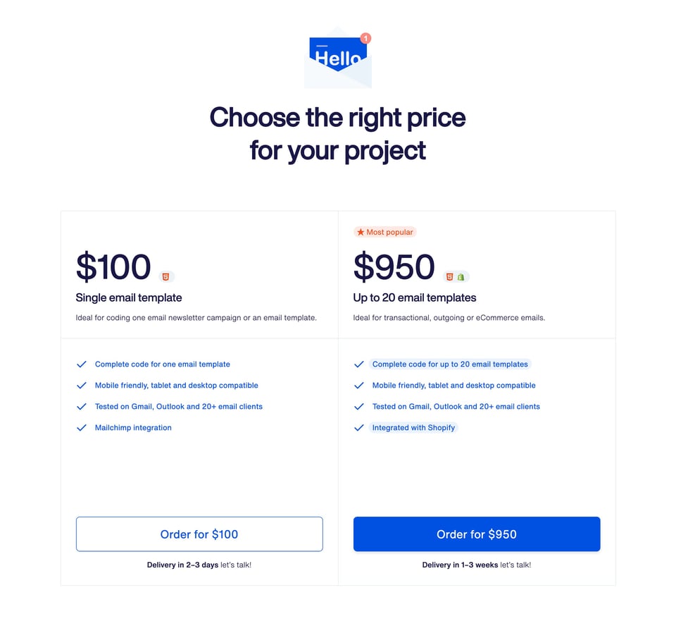 Pricing Table section on Crafting Emails section design