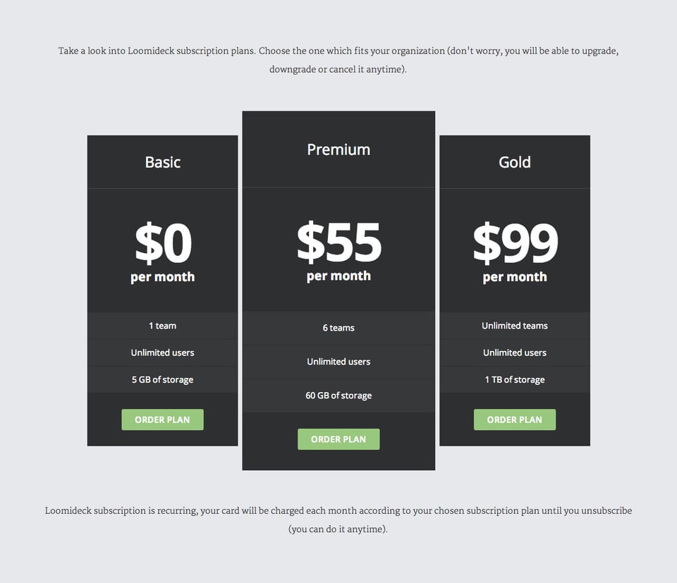 Pricing Table section on Loomideck section design