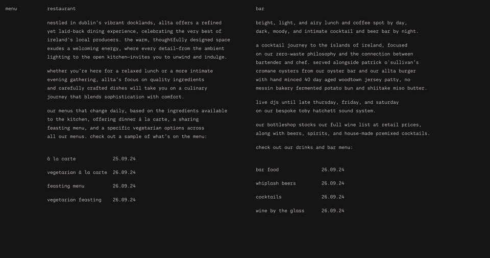 Food & Drinks Menu section on Allta section design