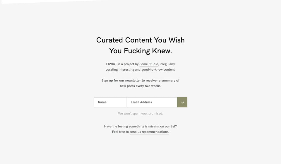 Newsletter section on Fuck I Wish I Knew That section design