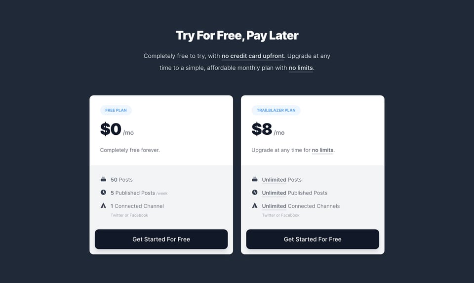 Pricing Table section on Postaside section design