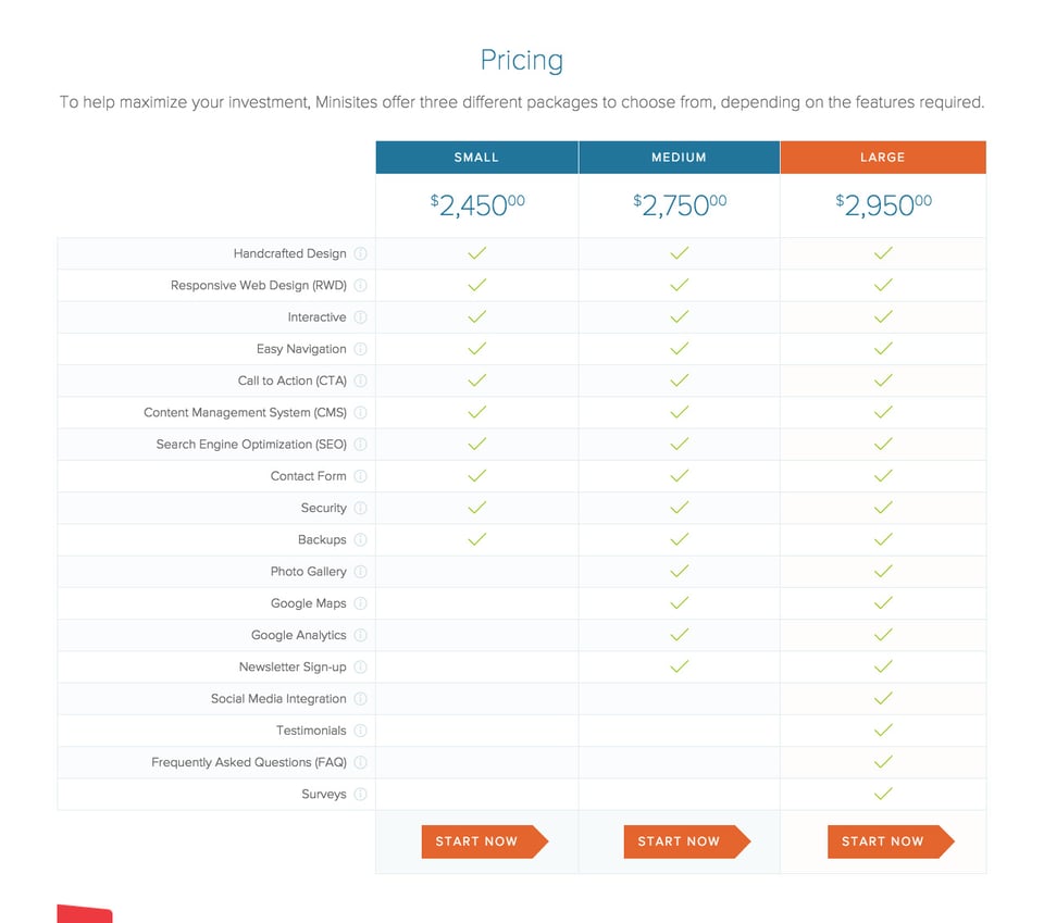 Pricing Table section on Minisites section design