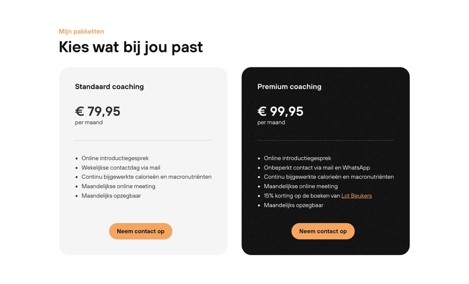 Pricing Table section on Cox Coaching section design