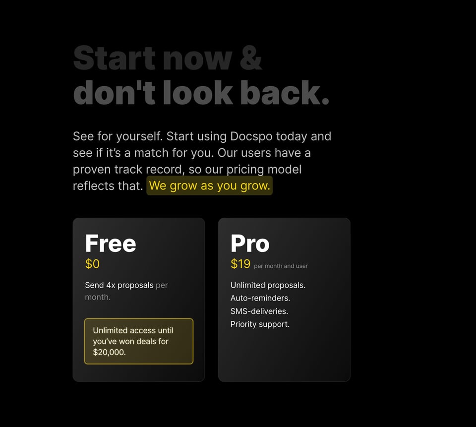 Pricing Table section on Docspo section design