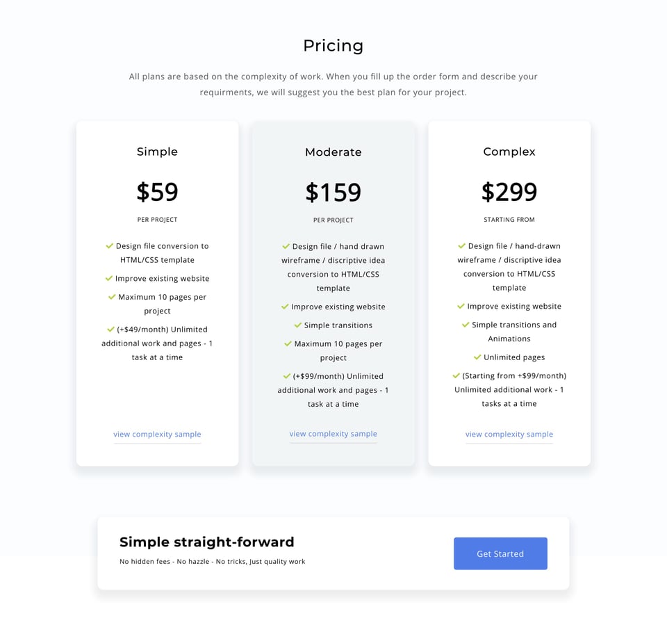 Pricing Table section on DesignThingy section design