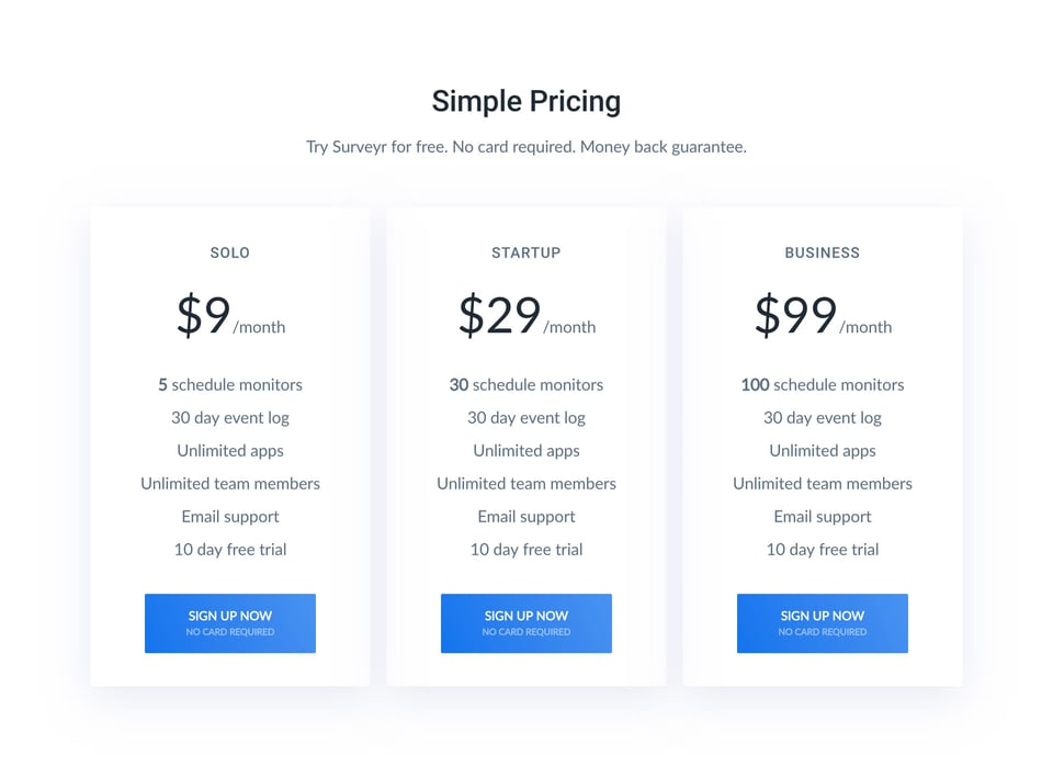Pricing Table section on Surveyr section design