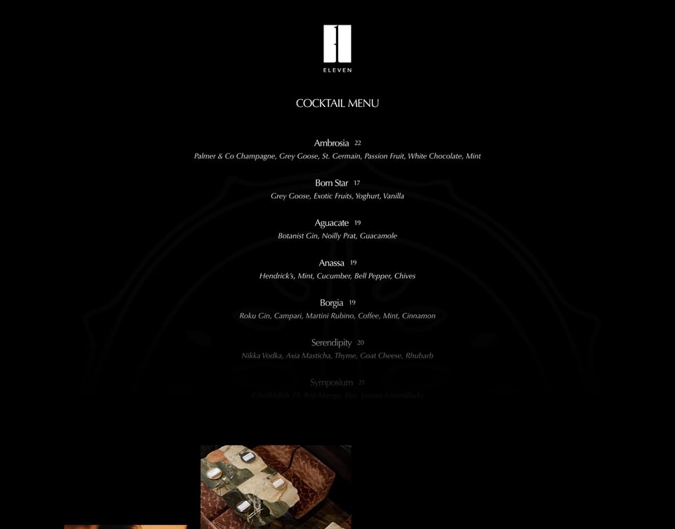 Food & Drinks Menu section on 11 Bar section design