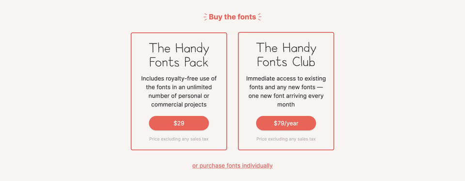 Pricing Table section on Handy Fonts section design