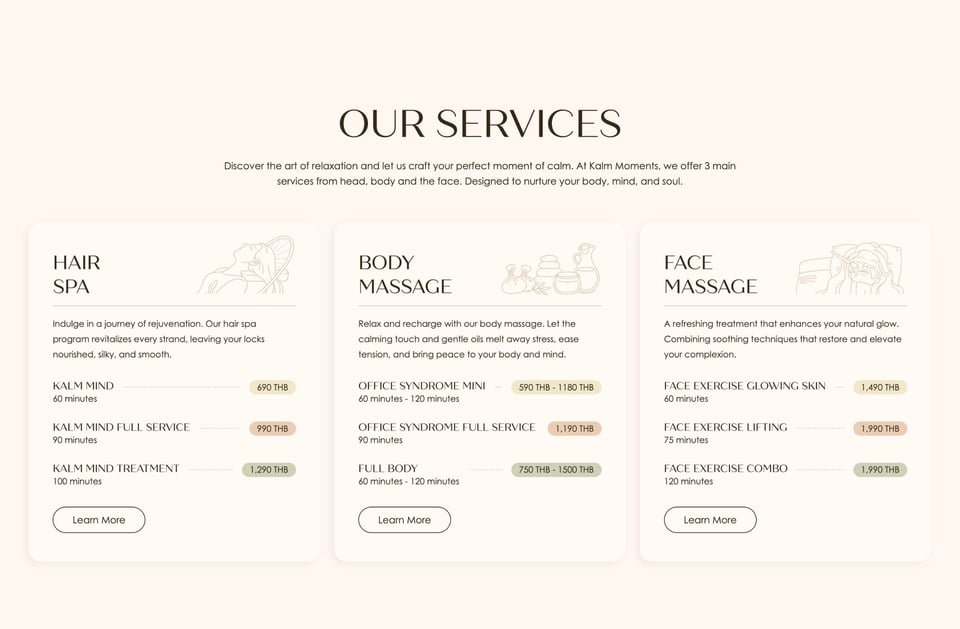 Pricing Table section on Kalm Moments section design