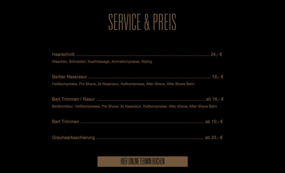 Pricing Table section on Groha Gentlemen Barbershop section design